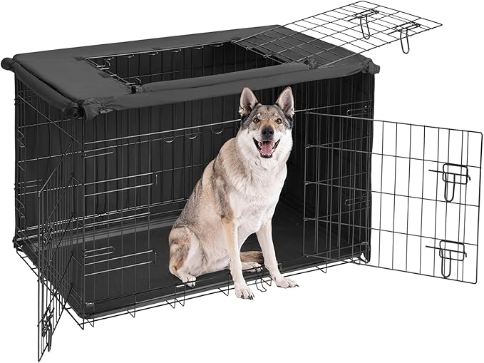 Veehoo 42 inch Dog Crate for Large Dogs with Three Doors & Cover-Metal Wire Dog Cage Kennels & Houses for Puppy&Cat, Indoor Outdoor Collapsible Metal Contour Dog Crate Kennels Kit with Removable Tray
