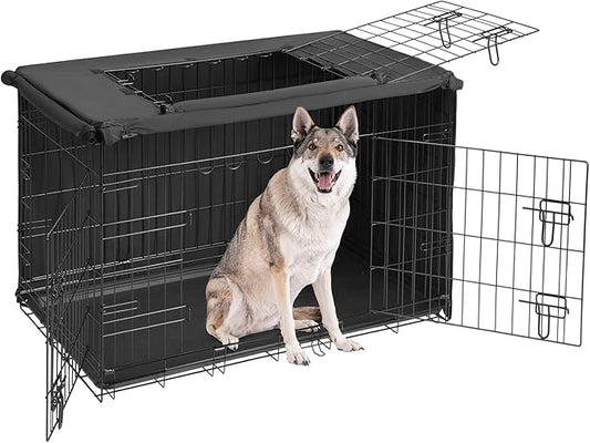 Veehoo 42 inch Dog Crate for Large Dogs with Three Doors & Cover-Metal Wire Dog Cage Kennels & Houses for Puppy&Cat, Indoor Outdoor Collapsible Metal Contour Dog Crate Kennels Kit with Removable Tray