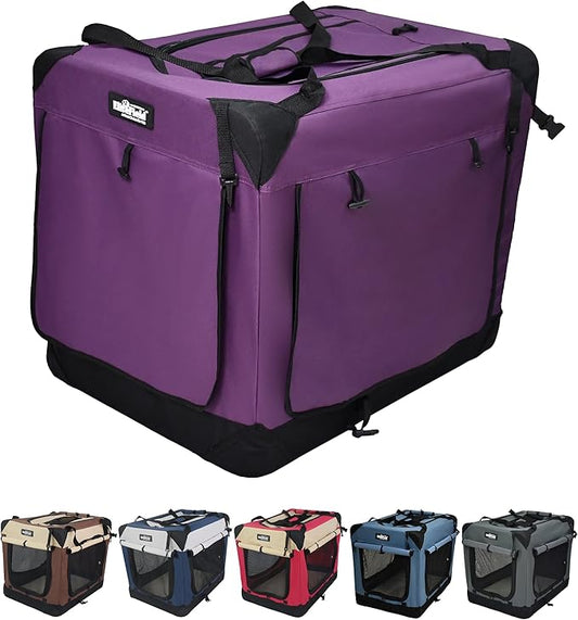 EliteField 4-Door Folding Soft Dog Crate with Curtains, Carrying Bag and Fleece Bed (2 Year Warranty), Indoor & Outdoor Pet Home (30" L x 21" W x 24" H, Purple+4 Door Curtains)