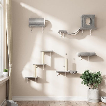 NUNU LAB Cat Wall Shelves Set, 7 Pcs Wall-Mounted Cat Climber with Cat House, Tunnel, Bridge, Scratching Post, Hammock, Wall Shelves, Gray