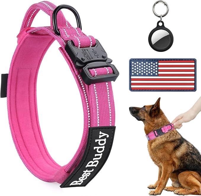 AUBELL Reflective Dog Collar, Tactical Dog Collar for Medium Dogs, Heavy Duty Dog Collars with Handle and Metal Buckle Great for Female Dogs Training, with Airtag case and 2 Patches(Pink, L)