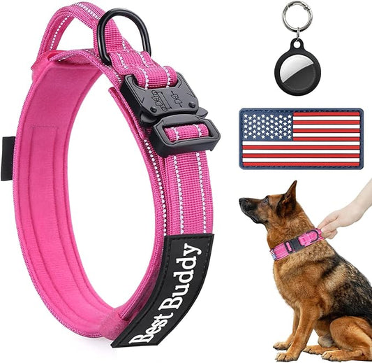 AUBELL Reflective Dog Collar, Tactical Dog Collar for Medium Dogs, Heavy Duty Dog Collars with Handle and Metal Buckle Great for Female Dogs Training, with Airtag case and 2 Patches(Pink, L)