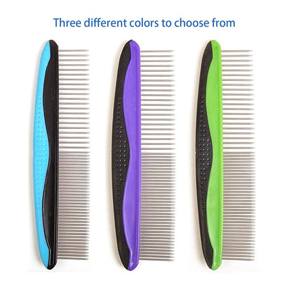 ROPO Dog comb Pet grooming comb Cat comb for removing matted fur Proper care prevents knots and mats in long and short-haired pets Non-slip comfort grip handles (Plastic rubber handle, Green)