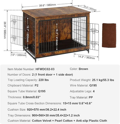 VEVOR Dog Crate Furniture, 38 inch Wooden Dog Crate with Double Doors, Heavy-Duty Dog Cage End Table with Multi-Purpose Removable Tray, Modern Dog Kennel Indoor for Dogs up to 70lb, Rustic Brown