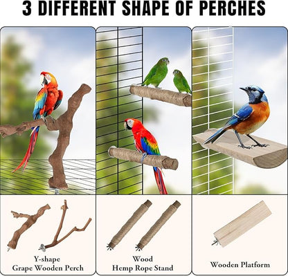 REHALY Large Bird Perch Stand, 5PCS Bird Perch Set - Natural Wood Grape Sticks, Paw Grinding Forks, Stand & Toys for Parakeets, Cockatiels, Conure, Budgies, Birds Cage Accessories