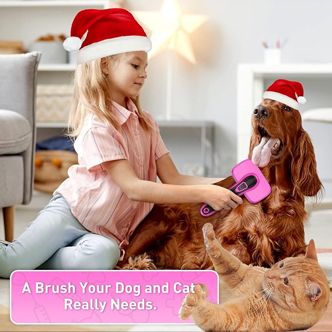 Dog Brush for Shedding, Self-Cleaning Slicker Brush, Perfect for Short & Long Haired Pets, Removes Mats, Tangles, Loose Fur, Gentle on Skin, Ideal for Small, Medium, Large Dogs. Pink