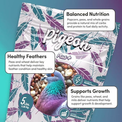 Mycelium Organic Pigeon Plus Bird Seed (5 LB Bag) | Premium Wild Bird Food for Growth, Strength & Daily Energy | Whole Grain Blend with Popcorn, Peas, Milo & Wheat | Non-GMO, No Fillers, Made in USA