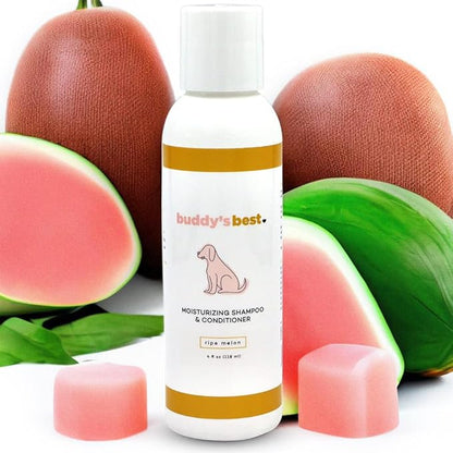 Buddy’s Best 4oz Travel-Size Dog Shampoo and Conditioner with Shea Butter, Oatmeal, Biotin, and Aloe Vera, Alcohol-Free Deep Moisturizer for Dry, Itchy Skin and Coats (Ripe Melon)