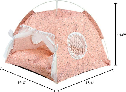 Cute Dog Tent House, Indoor Pet Tent Waterproof Bottom Detachable Cat Princess Indoor Tent House Pet Dog Cute Floral Cave Nest Bed Portable Dog Tents with Mesh Door Window for All Seasons (Pink)