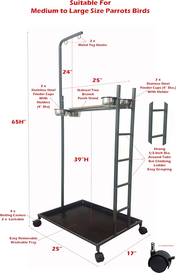 65.5 Inch X-Large Parrot Natural Perch Stand Bird Play Ground Training with Strong Climbing Play Ladder Stainless Feeding Bowls Toy Hook Removable Washable Tray Lockable Rolling Wheels
