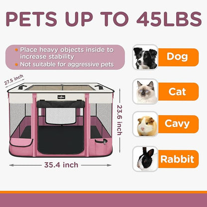 Foldable Pet Kitten Playpen, Upgrade Waterproof Portable Cat Dog Playpen Kennel Tent for Small Dog Cat, Removable Shade Cover, Come with Free Carrying Case, Indoor Outdoor Use for Small Pet, Pink