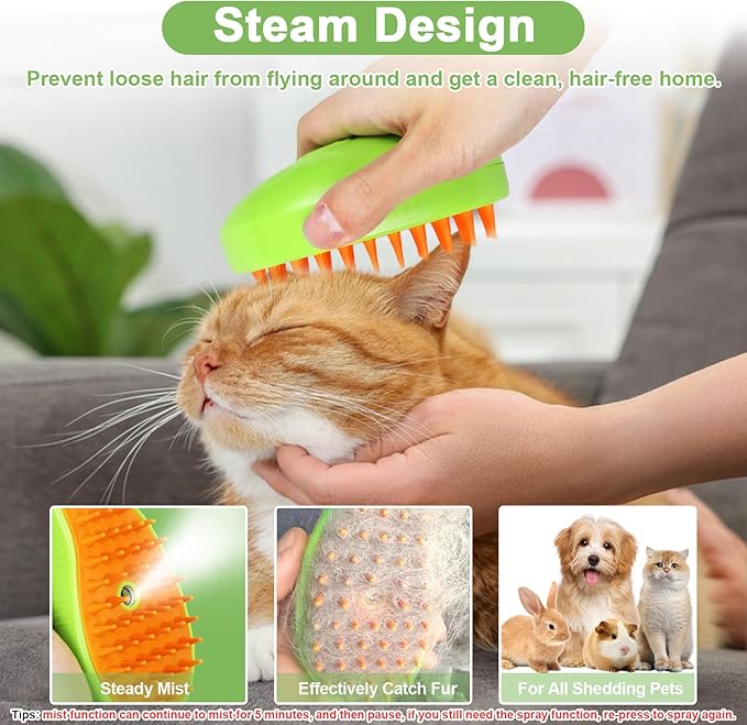 Nepfaivy Cat Steam Brush for Shedding - Steamy Cat Brush for Indoor Cats, Cat Hair Steam Brush for Massage, Spritz Defur Comb for Cats, Pet Steamer Brush for Shorted and Long Haired Dogs