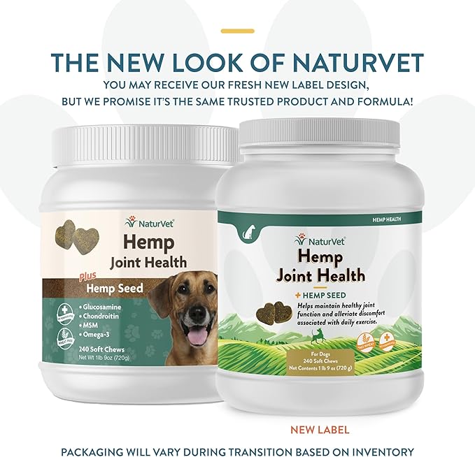 NaturVet Hemp Joint Health Hip & Joint Support Dog Supplement  Soft Chew Supplements for Dogs with Glucosamine, MSM, Chondroitin, Omega 3, Vitamins, Antioxidants  240 Ct.