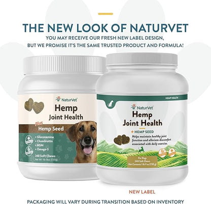NaturVet Hemp Joint Health Hip & Joint Support Dog Supplement  Soft Chew Supplements for Dogs with Glucosamine, MSM, Chondroitin, Omega 3, Vitamins, Antioxidants  240 Ct.