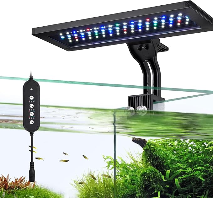 18W 24/7 LED Aquarium Light with Auto On/Off – 8 Color Modes, Full Spectrum, Simulates Sunrise & Sunset, Adjustable Brightness, Clip-On Mount Fits up to 0.75in Glass for 12–24in Fish Tanks