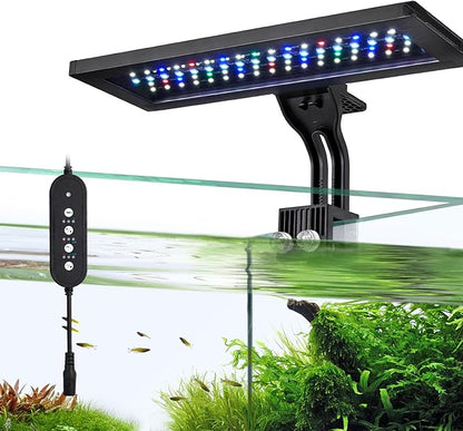 18W 24/7 LED Aquarium Light with Auto On/Off – 8 Color Modes, Full Spectrum, Simulates Sunrise & Sunset, Adjustable Brightness, Clip-On Mount Fits up to 0.75in Glass for 12–24in Fish Tanks