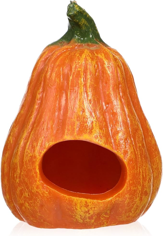 POPETPOP Resin Pumpkin Aquarium Décor Ornaments, Fish Tank Safe Decorations, Small Turtles Hiding Hole Cave, Table Decor Reptile Box Shelter Habitat -Thin Pumpkin