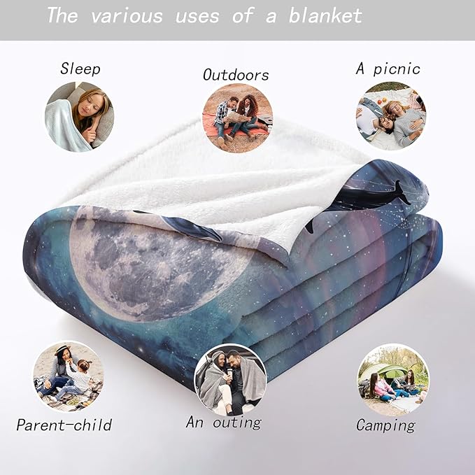 Dolphin and Moon Throw Blanket - Soft, Cozy, Lightweight Flannel, Warm, Plush, Fuzzy Decor for Couch, Office, Travel - Mystical Night Sky and Ocean Design 40_50 Inch