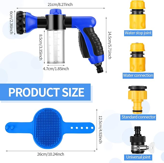 6 Pieces Dog Wash Hose Attachment with Soap Dispenser Pet Bathing Tool Set Dog Comb Brush for Pet Washing(9.45 x 6.3 x 2.48 Inch,Blue)
