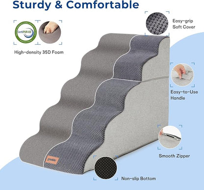Dog Stairs for High Beds - Pet Stairs for Couch, 35D Foam Dog Steps for Small to Large Dogs with Non-Slip Bottom Dog Ramp Grey, 5 Steps, 2-in-1 Connected by Zipper