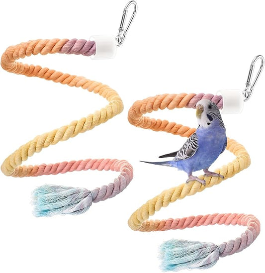 2 Pcs Gradient Bird Rope Perches Birdcage Swing Toy for Parrots Birdcage Cotton Swing Climbing Rope Standing Bungee Toy Accessory for Parrots, Cockatiel, Parakeet, Lovebird, Budgie(39.4'')