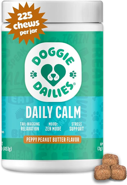 Doggie Dailies Calming Chews, Melatonin & Chamomile for Stress Relief, Relaxation & Anxiety (Peanut Butter, 225 Soft Chews)
