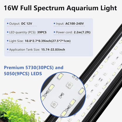 fishkeeper Clip On Aquarium LED Light, 24/7 Mode Full Spectrum Fish Tank Light with Timer, Adjustable 8 Color / 5 Brightness Simulate Sunrise-Day-Sunset-Moon for 15.74-22.83 inch Planted Tank 16W