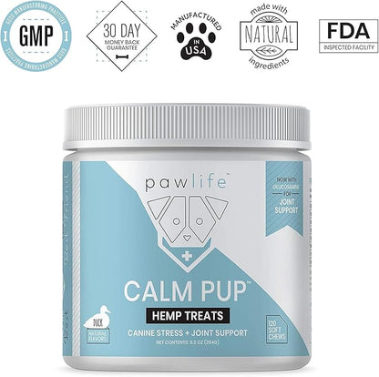 Organic Hemp Oil Infused Calming Chews for Dogs Anxiety - Dogs Essentials for Relief from Travel, Thunder, Separation, Barking, and Fireworks, Joint Pain, Arthritis, Pain Support - Pawlife Calm Pup