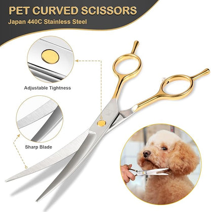 6 in 1 Dog Grooming Scissors Set - Durable Stainless Steel Golden Dog Grooming Shears Curved, Thinning & Straight - Poodle Grooming Kit Dog Groomer Gifts with Safe Tips for Home DIY/Professional Use