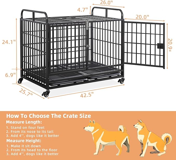 Lauren&Harold 42 Inch Heavy Duty Dog Crate Furniture for Medium/Large Dogs, Metal Dog Kennel Indoor with Top Door&Feed Door, Medium Dog Cage with Removable Tray&Wheels, Furniture Dog crates Pet House