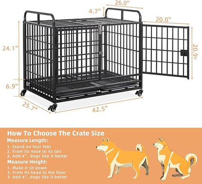 Lauren&Harold 42 Inch Heavy Duty Dog Crate Furniture for Medium/Large Dogs, Metal Dog Kennel Indoor with Top Door&Feed Door, Medium Dog Cage with Removable Tray&Wheels, Furniture Dog crates Pet House