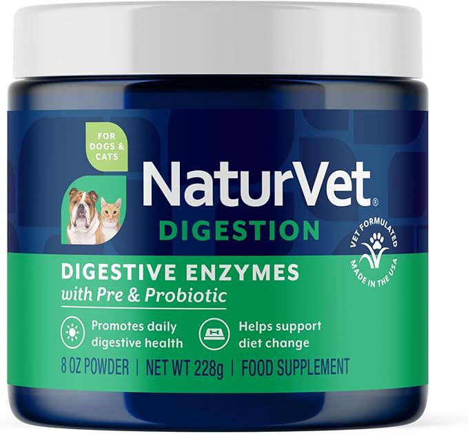 NaturVet  Digestive Enzymes for Dogs - Plus Probiotics & Prebiotics | Helps Support Diet Change & A Healthy Digestive Tract | for Dogs & Cats | 8 oz Powder