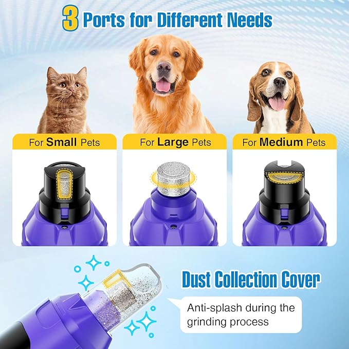 Dog Nail Grinder, 6-Speed Quiet Electric Dog Nail Trimmers, Dog Nail Clippers with File for Small Medium Large Dogs, Cats, Rechargeable Pet Paw Grooming Supplies Kit, 2 Grinding Wheels (Purple)
