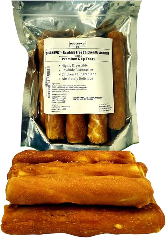 DOGCHEWZ™ Rawhide Free Basted Roll Chicken Wrapped Dog Chew Treats | Size 5 Inch (8 Count/Bag) - Gluten Free