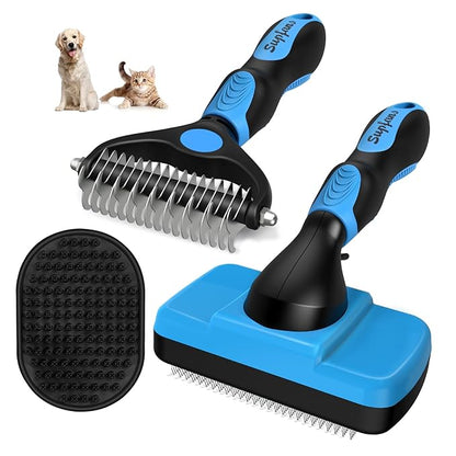 3PCS Dog Brush I Dog Brush for Shedding I Deshedding Dog Brush I Dog Bath Brush I Slicker Brush For Dogs I Dog Comb I Premium Pet Supplies (Blue Black)