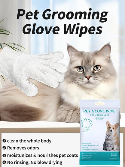 Pet Glove Wipe for Dogs & Cats, Hypoallergenic, Rinse Free, Cleansing and Deodorizing, Cat & Dog Wipes for Paws and Butt, 6 PCS/Pack (1Pack)