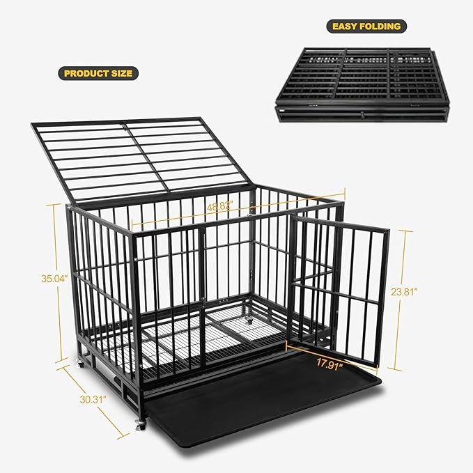 48 Inch Heavy Duty Dog Crate with Secure Locking System, Escape-Proof Dog Cage Kennel for Medium to Large Dogs, Indestructible Chew-Resistant Design, Dual Doors & Easy-Clean Removable Tray