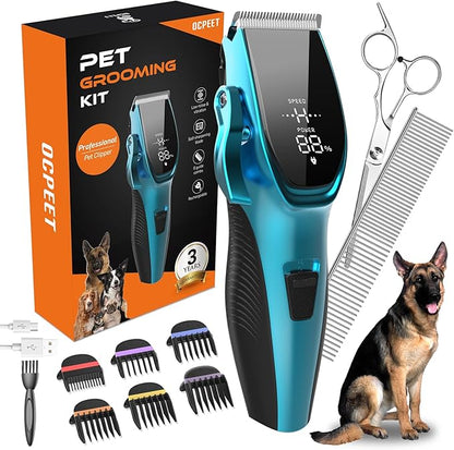 Dog Grooming Kit Low Noise Dog Clippers for Grooming Rechargeable Cordless Dog Grooming Clippers 2 Speed 6 Guards for Thick Knot Coats Pet Grooming Kit for Small Medium Large Dogs Cats (Blue)