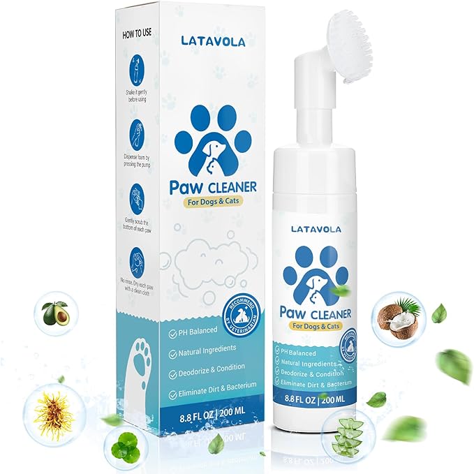 Dog Paw Cleaner, No-Rinse Foaming Cleanser, Moisturizing & Deodorizing Paw Wash with Silicone Bristle Brush, Deep Clean, Easy & Portable Paw Cleaner for Dogs