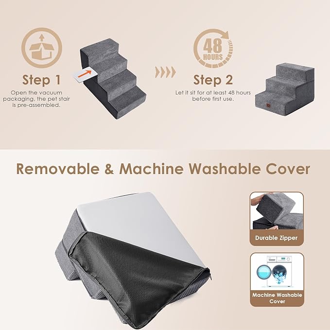 EHEYCIGA Dog Stairs Ramp for Small Dogs 13.5" H, 3-Step Dog Steps for Couch Sofa and Chair, Pet Steps for Small Dogs and Cats, Non-Slip Balanced Dog Indoor Ramp, Grey