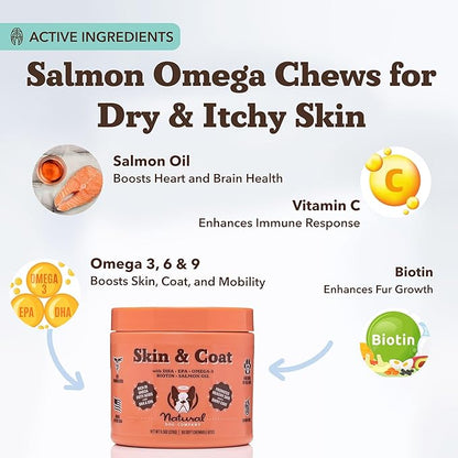 Natural Dog Company Skin & Coat Supplement for Dogs – Omega 3 Salmon Oil, Biotin & Vitamin E Support Shiny Coat, Healthy Skin & Normal Shedding, Promotes Comfort from Occasional Itch, 90 Count