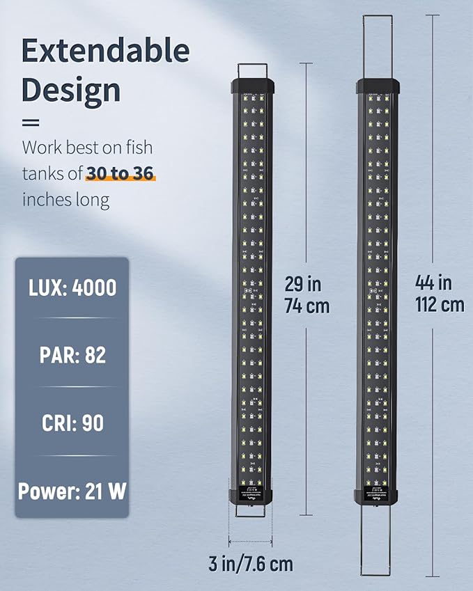 Pawfly 21W Aquarium LED Light for 30 to 36 Inch Fish Tanks Extendable Fish Tank Light with Full Spectrum Brilliant White Blue Red Lights with Daytime & Night Modes and Adjustable Brightness