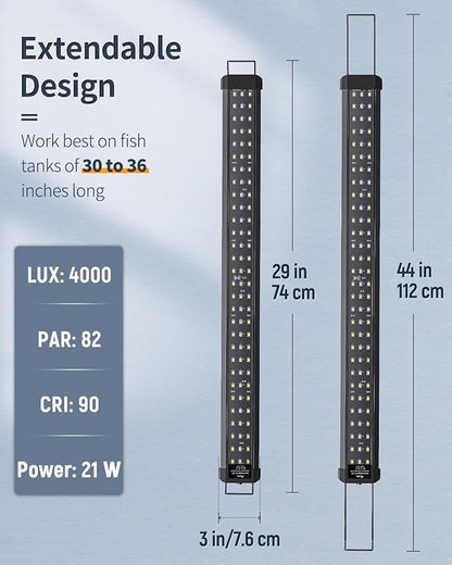 Pawfly 21W Aquarium LED Light for 30 to 36 Inch Fish Tanks Extendable Fish Tank Light with Full Spectrum Brilliant White Blue Red Lights with Daytime & Night Modes and Adjustable Brightness