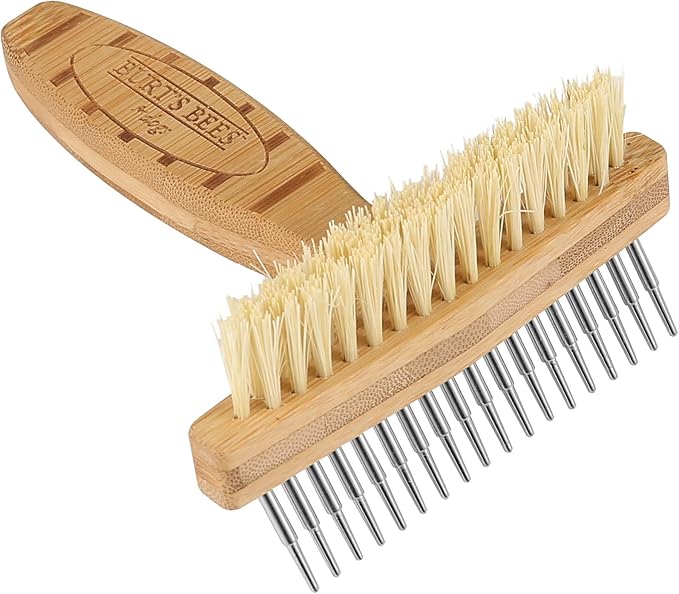 BURT'S BEES FOR PETS Brown Oblong Double Sided Dog Brush - All Hair Types, Unisex, 0.2 lbs, Hemp Bristle for Detangling, Shedding Rake for Mats Removal
