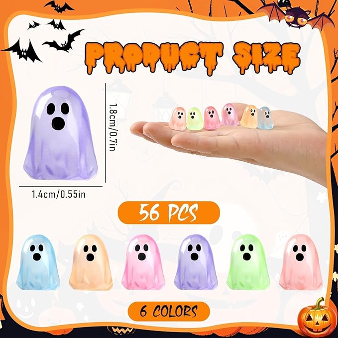 56 Pcs Luminous Mini Ghosts,Halloween Tiny Resin Ghosts Figures Glow in The Dark mini Ghosts Miniature Statue for Plant Pot Landscape Lawn Landscape Home Party Decor