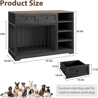 IDEALHOUSE 47” Large Dog Crate, Dog Kennel Indoor with 2 Drawers and 4 Shelves, Dog Crate Furniture TV Stand, Wooden Dog Cage for Medium Large Dogs, Black