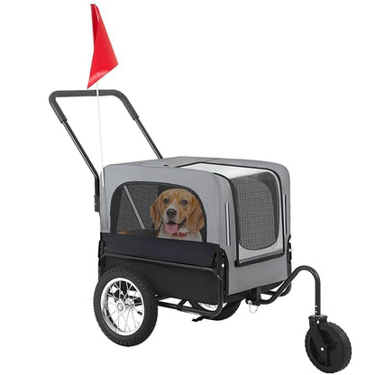 FDW Dog Stroller 2-in1 Dog Bike Trailer Pet Stroller Bicycle Carrier with Hitch Suspension Visibility Flag & Reflectors for Small Medium & Large Dogs, Gray