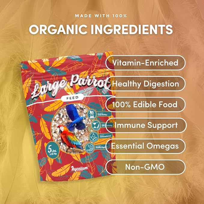 Mycelium Organic Large Parrot Feed (5 LB Bag) | Bird Food for Macaws, Cockatoos & Amazons | High-Protein Seed, Pellet & Kibble Blend | Supports Digestion & Energy | Made in USA, Non-GMO