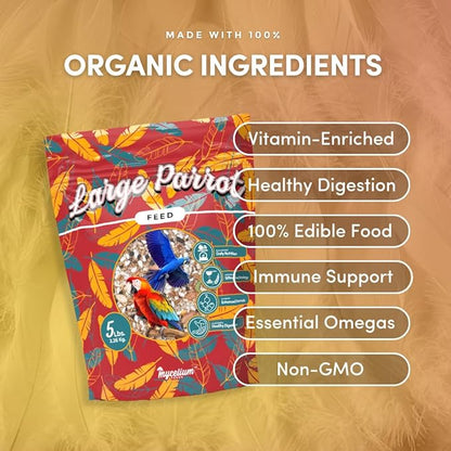Mycelium Organic Large Parrot Feed (5 LB Bag) | Bird Food for Macaws, Cockatoos & Amazons | High-Protein Seed, Pellet & Kibble Blend | Supports Digestion & Energy | Made in USA, Non-GMO