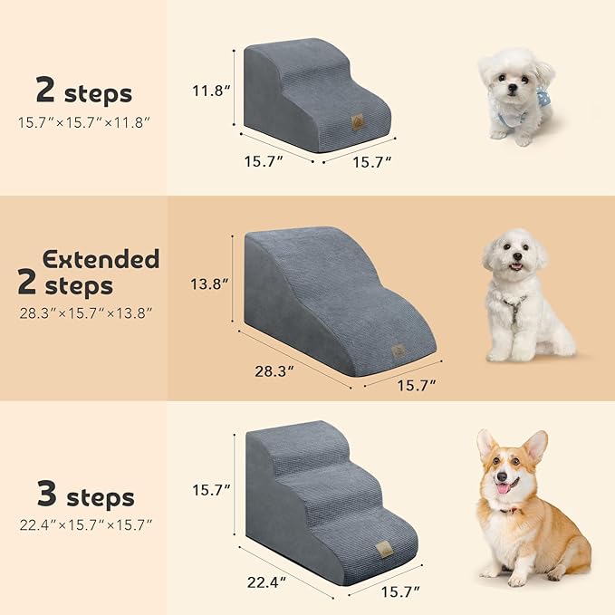 Mestuel Extended Dog Stairs Steps for Couch Sofa Bed, 2 Steps Dog Stairs Ramp for Small Old Joint Injury Dogs Cats Easy Access, Pet Stairs with High Density Foam& Nonslip Bottom, Lint Roller, Gray